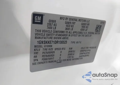 2013 Chevrolet Suburban 1500 Ltz из США, поврежденный, VIN 1GNSKKE71DR136523